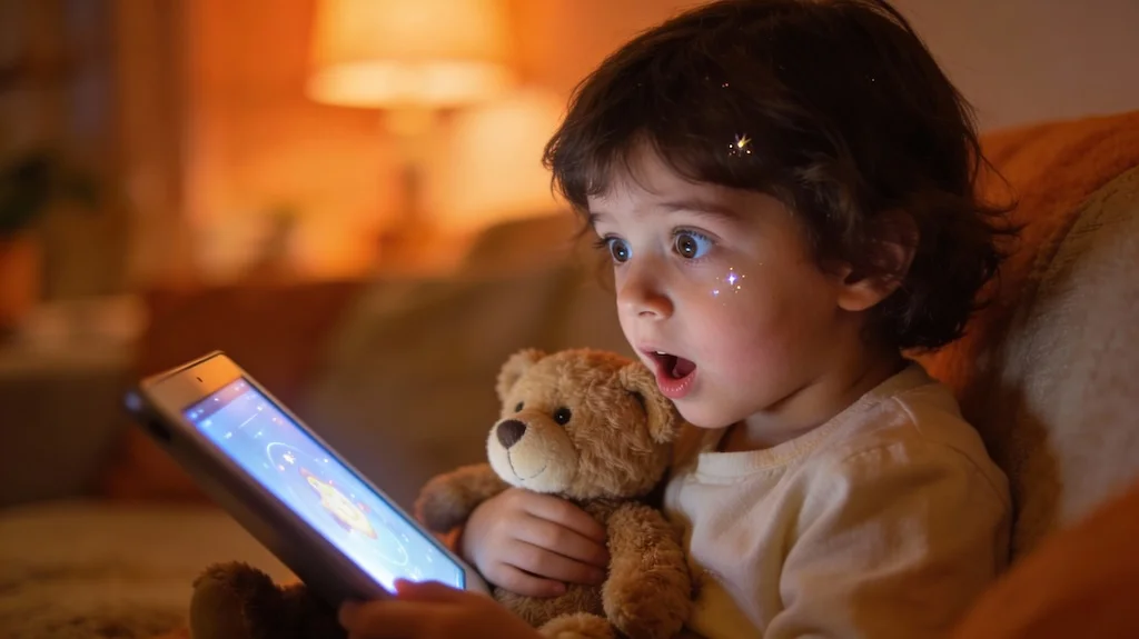 Happy child watching personalized animated video on tablet - Wondertoons creates magical moments for kids